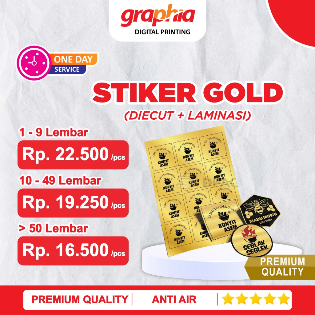 

< PAKET LENGKAP > !! Print Sticker Gold + Die Cut + Laminasi Glossy / Doff A3+