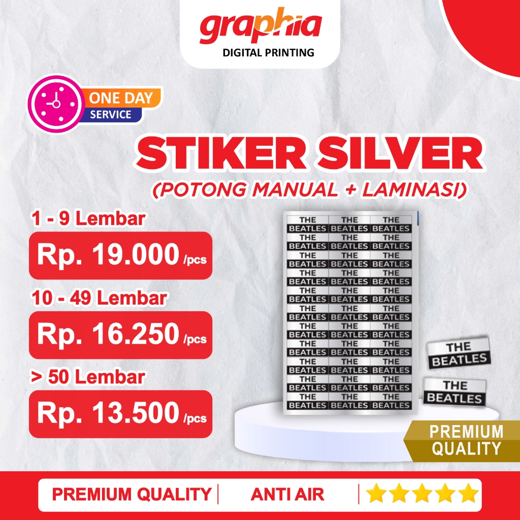 

< PAKET LENGKAP > !! Print Sticker Silver + POTONG BIASA + Laminasi Glossy / Doff A3+