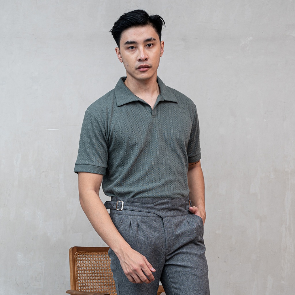 Houseofcuff Polo Shirt Rajut Stretch Lengan Pendek Pria Abu Dusty