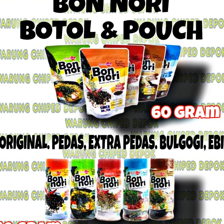 

Sale Bon Nori 30gr & 60gr / Bon nori orignal / Bon nori pedas / Extra pedas / Ebi / Bulgogi botol pouch Terkini