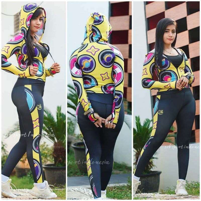 Baju Senam Murah SXB YELLOW ROTATE JACJET CROP HOODIE AND LEGGING COMPRESSION