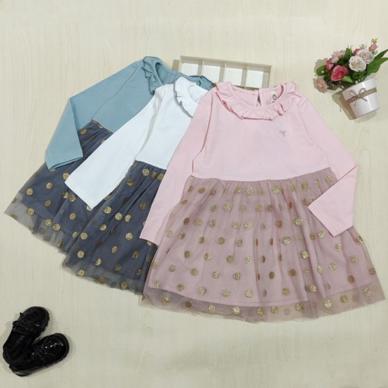 dress pesta anak perempuan katun semi tile polkadot