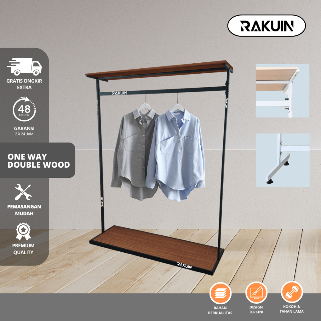 RAK BAJU ONEWAY DW - GAWANG BAJU BESI DAN KAYU/ GANTUNGAN DISPLAY BAJU BUTIK/ DEKORASI KAMAR-RAKUIN