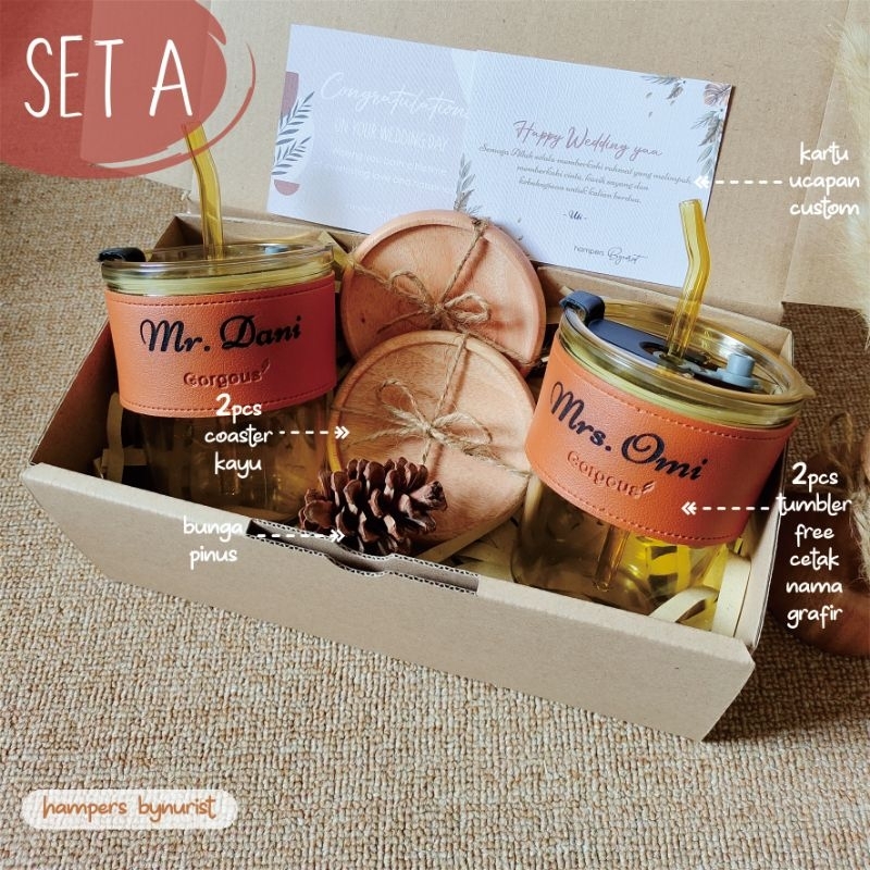Kado Pernikahan Tumbler Kaca Custom Nama /Kado Pernikahan Custom / Hampers Nikah / Sajadah Mukena Co