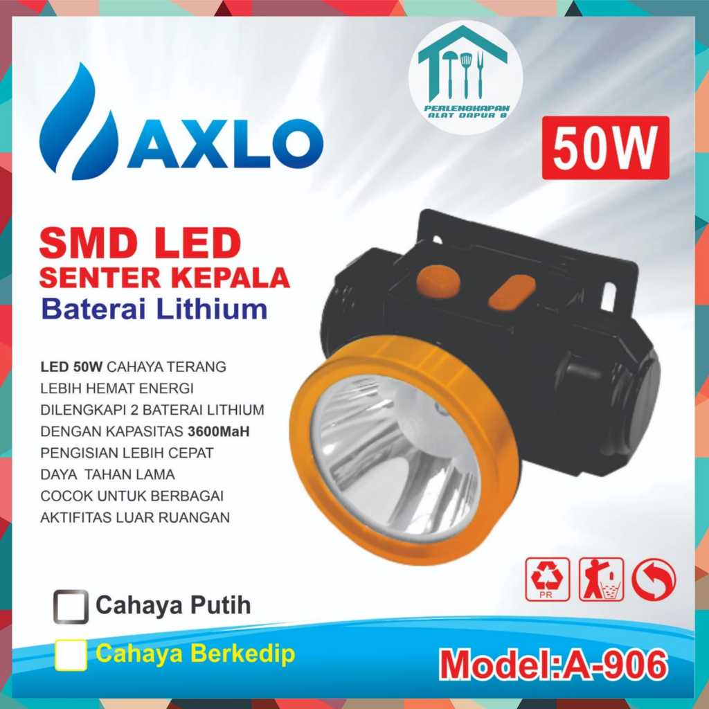 SENTER KEPALA CAHAYA PUTIH + CHARGER  / SENTER AXLO A-906 / SENTER KEPALA MURAH