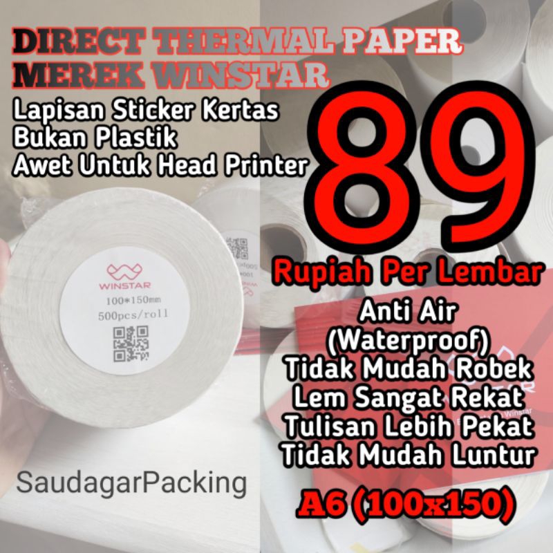 Kertas Thermal Sticker Size A6 (100X150) 500 Lembar Winstar by SaudagarPacking