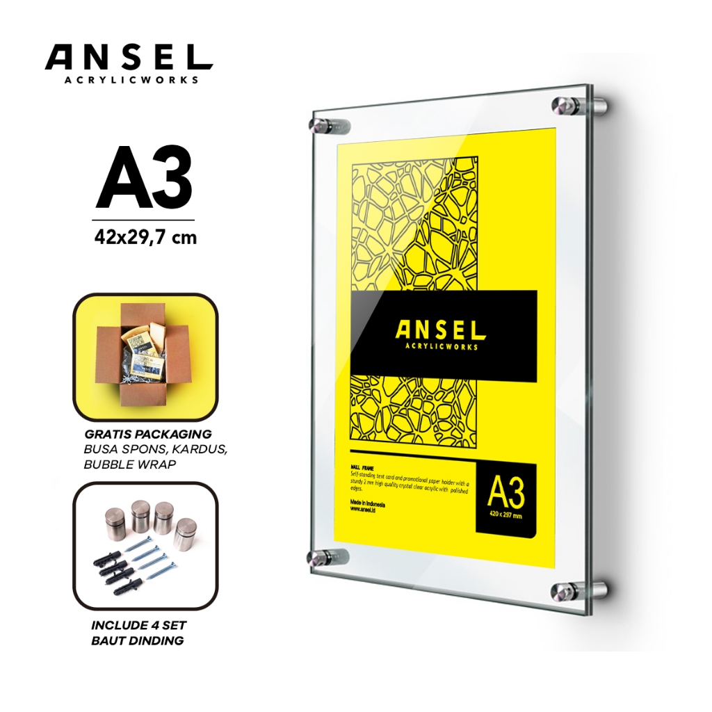 TERLARIS ANSEL Acrylic Wall Frame / Bingkai Foto Dinding Akrilik / A3 Bening / 2 mm [Pigura