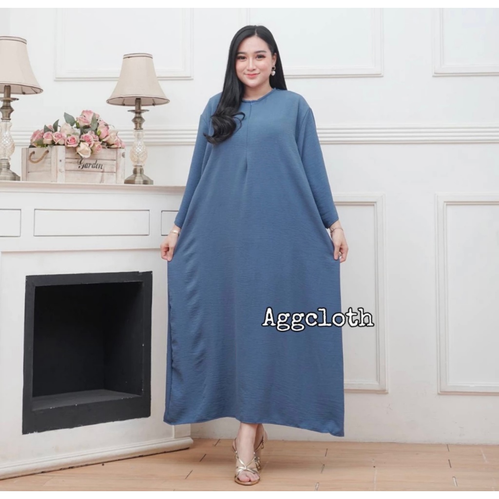 Daster Gamis Crinkle Polos Blue Denim/ Biru Tua Kekinian Lengan Tangan 3/4 Panjang Semata Kaki Home 
