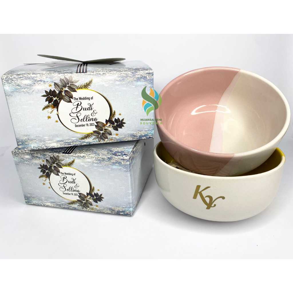 Souvenir Mangkok Saji Two Tone Mangkuk Keramik Jumbo Bowl Sop Porselen Warna Sablon Kemas Box Custom