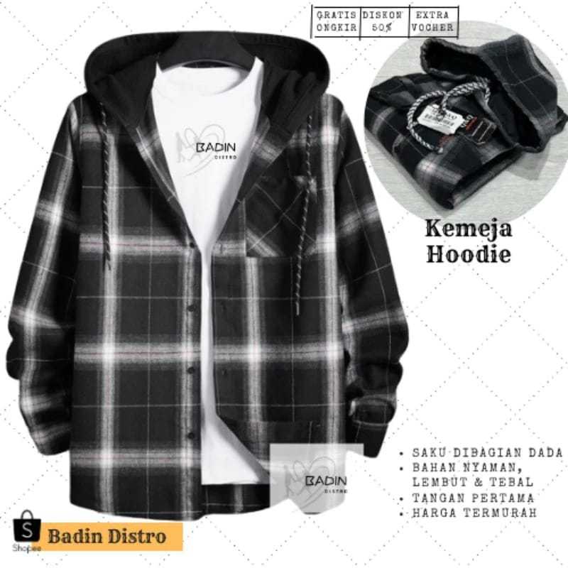 Kemeja Flanel Hoodie Pria Berkupluk Kotak-Kotak Premium