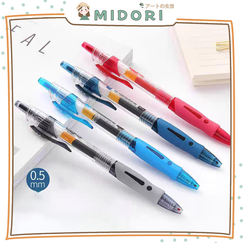 [MIDORI] Pulpen Retractable Gel 0.5mm Neutral Pen Fast Drying Black Blue Red Pena Cair Stationary - D0059