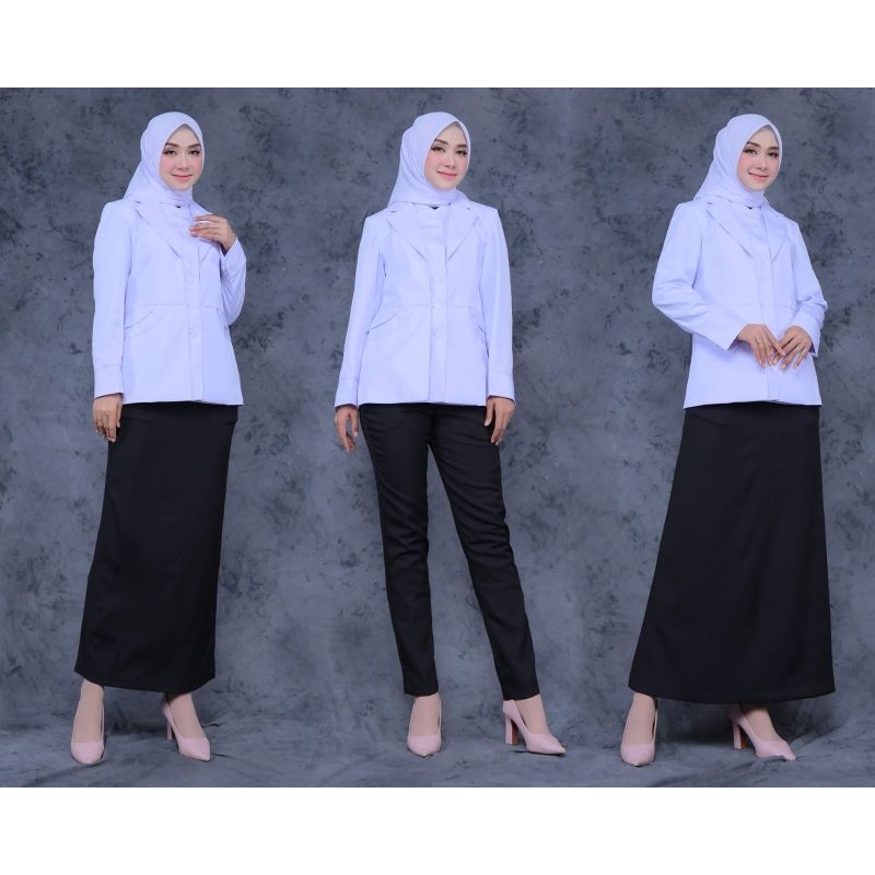 blazer wanita seragam dinas hitam putih baju ASN seragam dinas ASN atasan putih kemeja putih