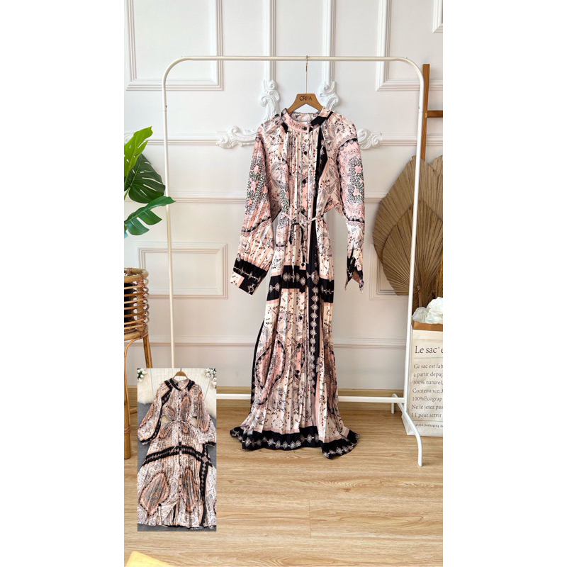 Meydie Black Pink Pleated Dress / Baju Gamis Plisket Wanita Import
