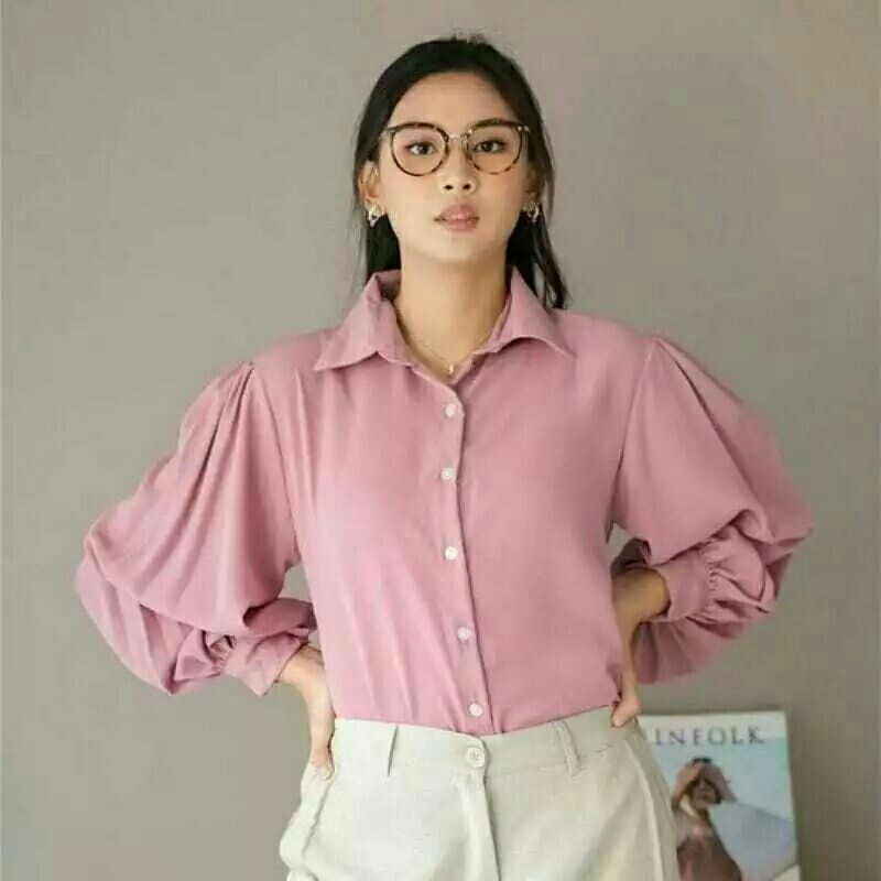 Atasan Kekinian Blouse Bahu Rempel Wanita Lengan Balon Panjang Polos Blouse Premium