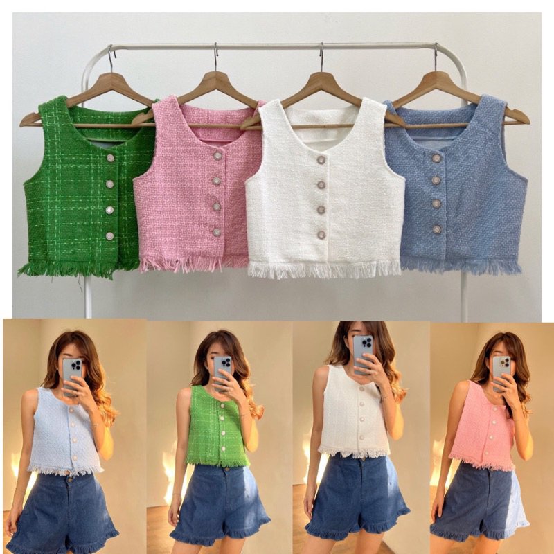 [Ijuf] Prilly crop top vest tweed korean style import bangkok BKK