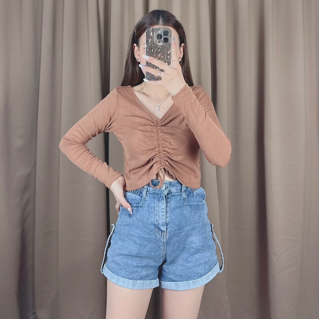 Ella Top Serut Vneck Knit Long Sleeve / Blouse Serut Lengan Panjang