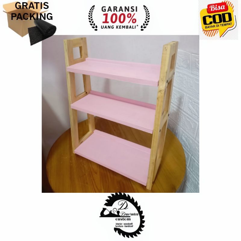 Rak Dengan Toples Bumbu Dapur Warna Pink 3 Susun / Rak Kayu Jati Belanda Serbaguna Dengan Finising