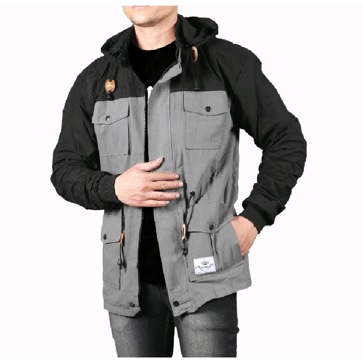 Jaket Parka Pria Korean Style Kombinasi Polos Tebal Hitam Abu Ukuran L Sampai XXL