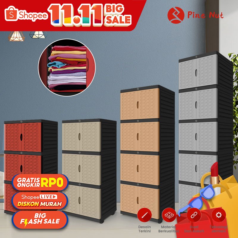 Lemari Plastik Full Kunci Lemari Pakaian 3/4/5 - SLG merah