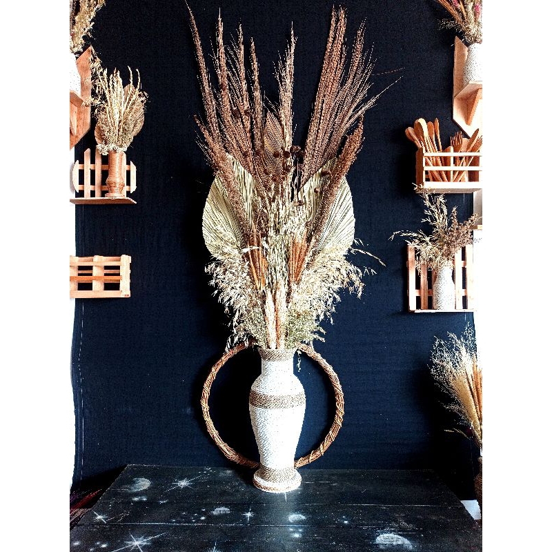 Dekorasi bunga dan daun kering paket lengkap dengan vas 40cm