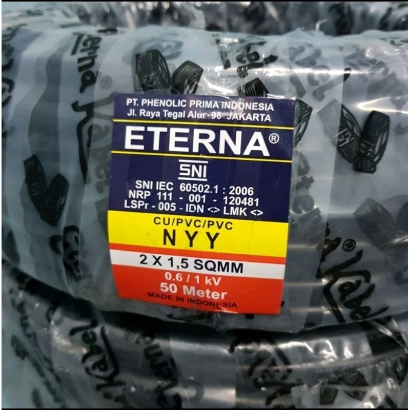 Kabel Listrik Outdoor Tembaga Kawat ETERNA NYY 2X1,5 Hitam 1 Roll 50 Meter