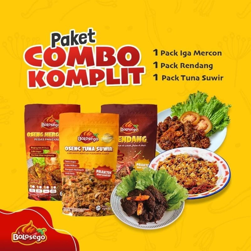 

BERGARANSI! PAKET COMBO KOMPLIT (1 OSENG MERCON IGA, 1 RENDANG & 1 TUNA SUWIR) BOLOSEGO-HALAL