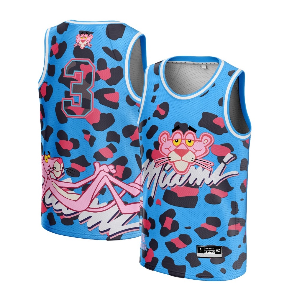 Jersey Basket Jersey Pink Panther Miami Heat #3 CUSTOM BIRU Swingman Bola Basket NBA Baju Kaos