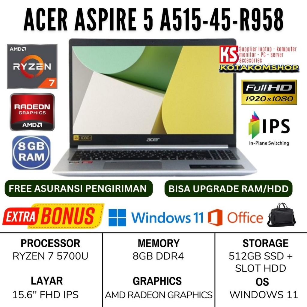 laptop Acer Aspire 5 A515-45-R958 Ryzen 7-5700U ram 8gb ssd 512gb 15.6" fhd ips windows 11