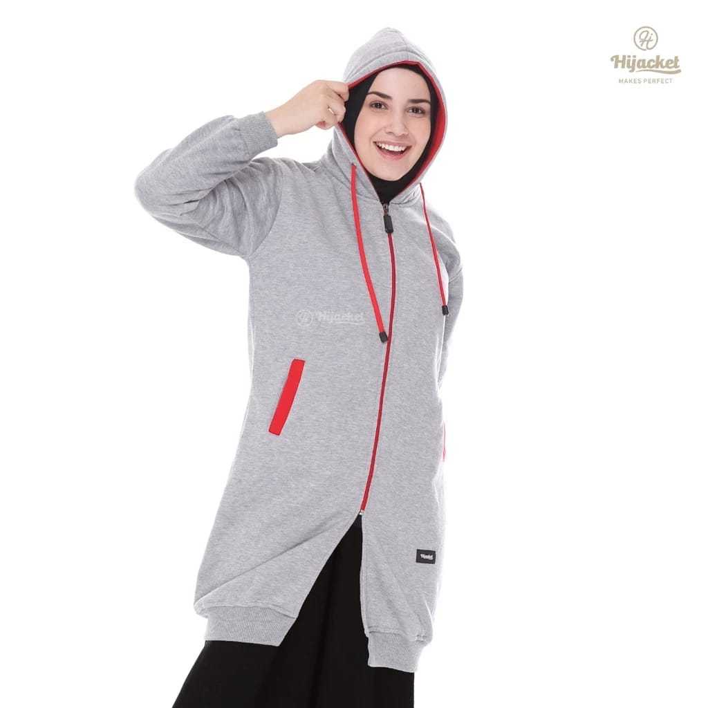 HIJACKET - Jaket Hijaber BASIC Grey Red | Jaket Wanita Panjang | Outerwear For Hijaber