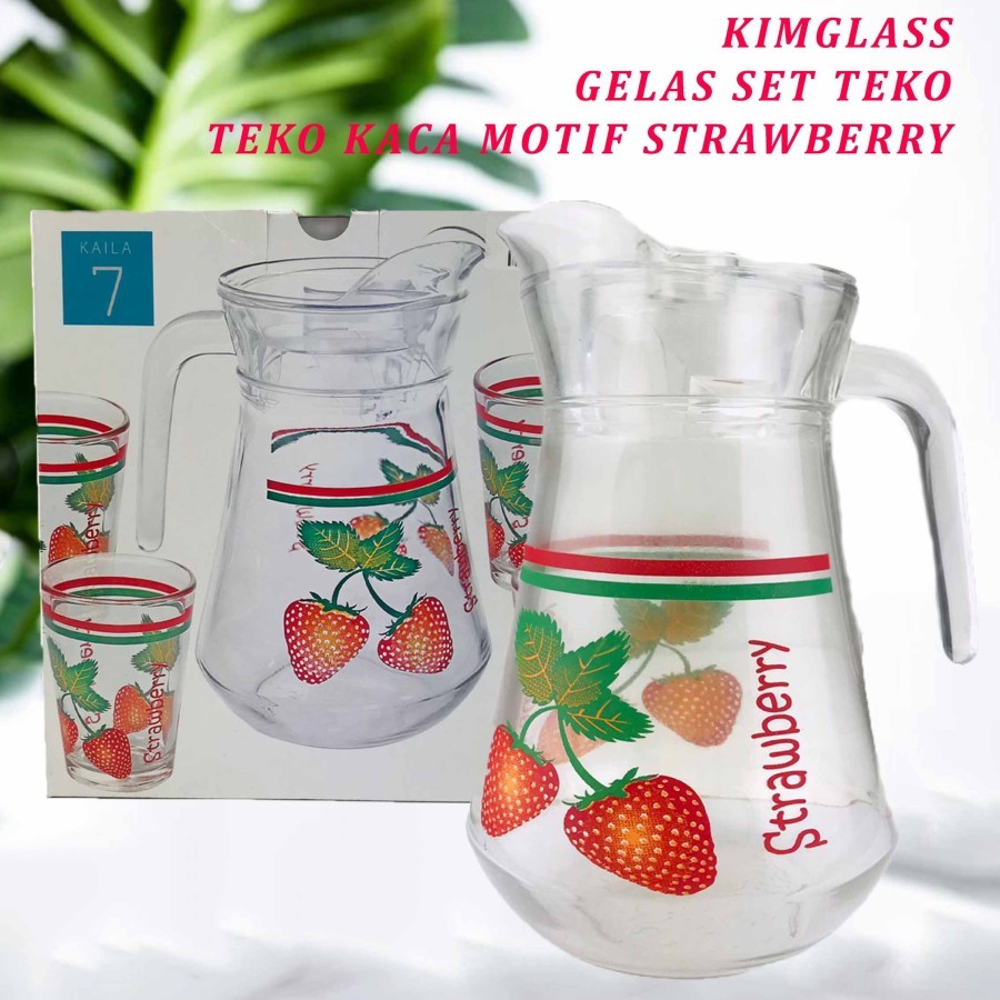 Kimglass Motif Stroberi * Teko Set Kaca * Teko Kaca + Gelas