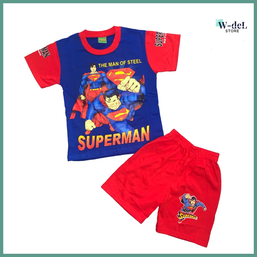 Setelan Baju Anak Gambar Karakter Superhero SUPERMAN dilengkapi dengan Jubah untuk umur 2-8 Tahun