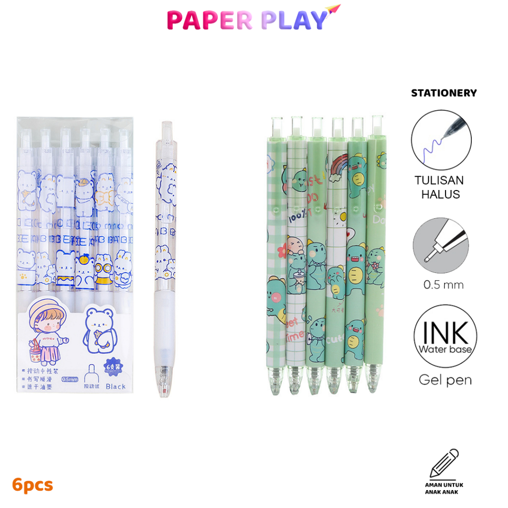 

PAPERPLAY PEN GEL MEKANIK SET 6 PCS MOTIF CARTOON / PENA 0.5MM / PULPEN AESTHETIC P13