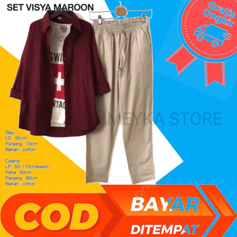 SET VISYA MAROON / SETELAN VISYA MAROON / CELANA DAN KEMEJA WANITA / SET WANITA / SETELAN WANITA / B