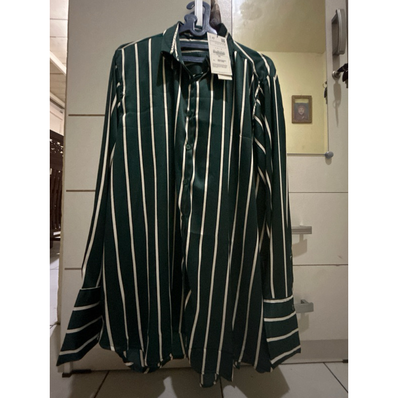 Original Kemeja Garis Hijau Emerald Zara