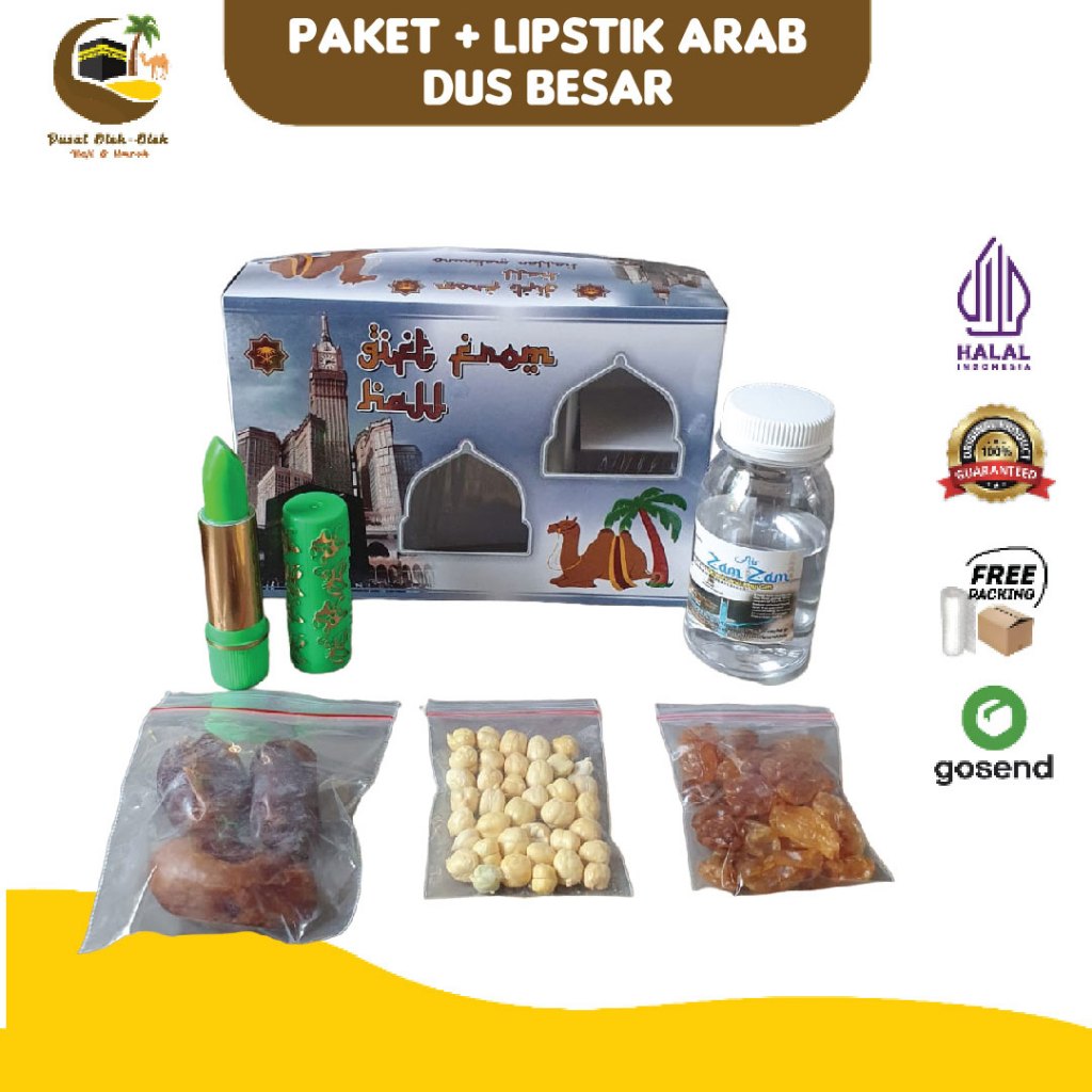 

paket oleh oleh haji dan umroh + air zamzam + botol 80ml + kacang arab + lipstik arab