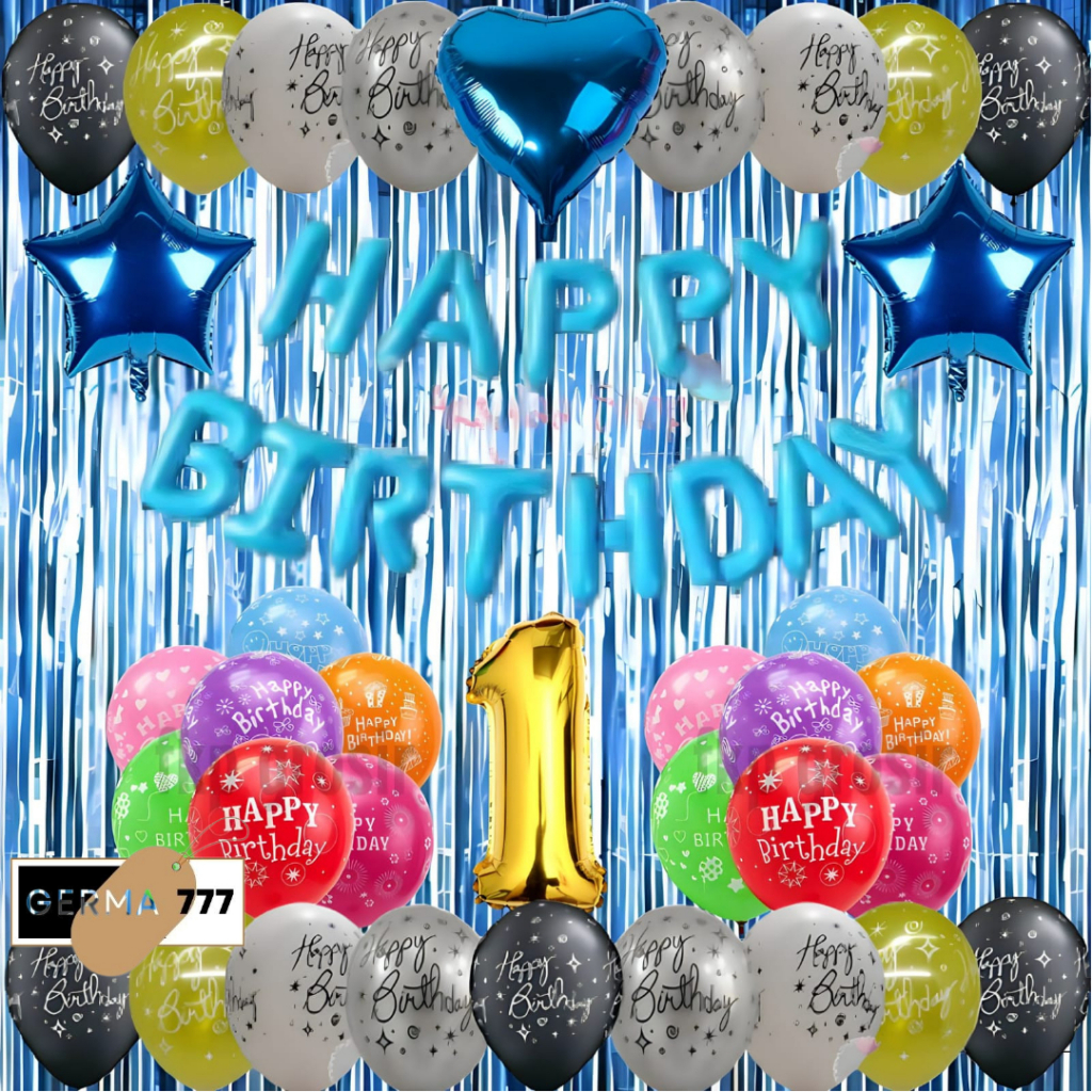 Dekor Ulang Tahun Simple Balon Happy Birthday Dekorasi Hiasan Pesta Ultah Anak Tirai Biru Muda
