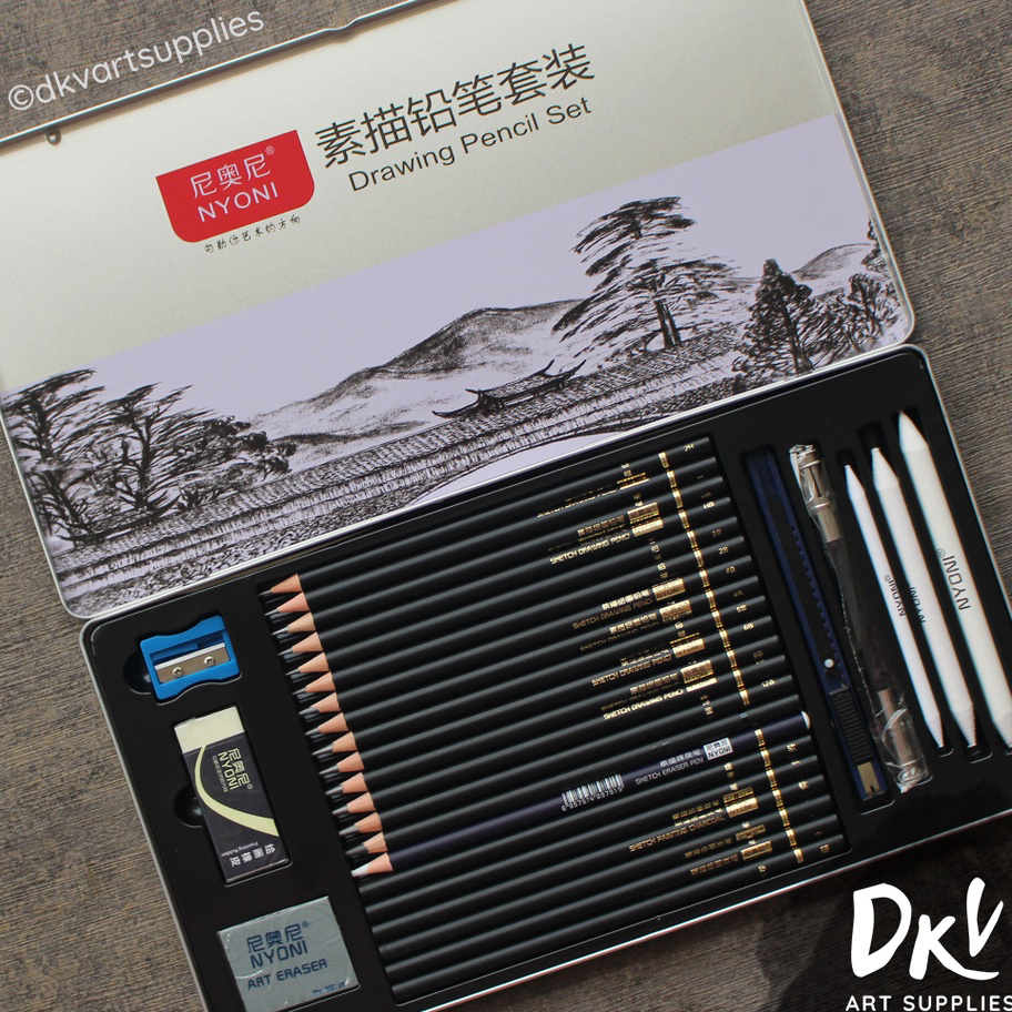 

Grosir NYONI Sketch drawing pencil / pensil grafit charcoal arang 29 pcs set tin case Ready