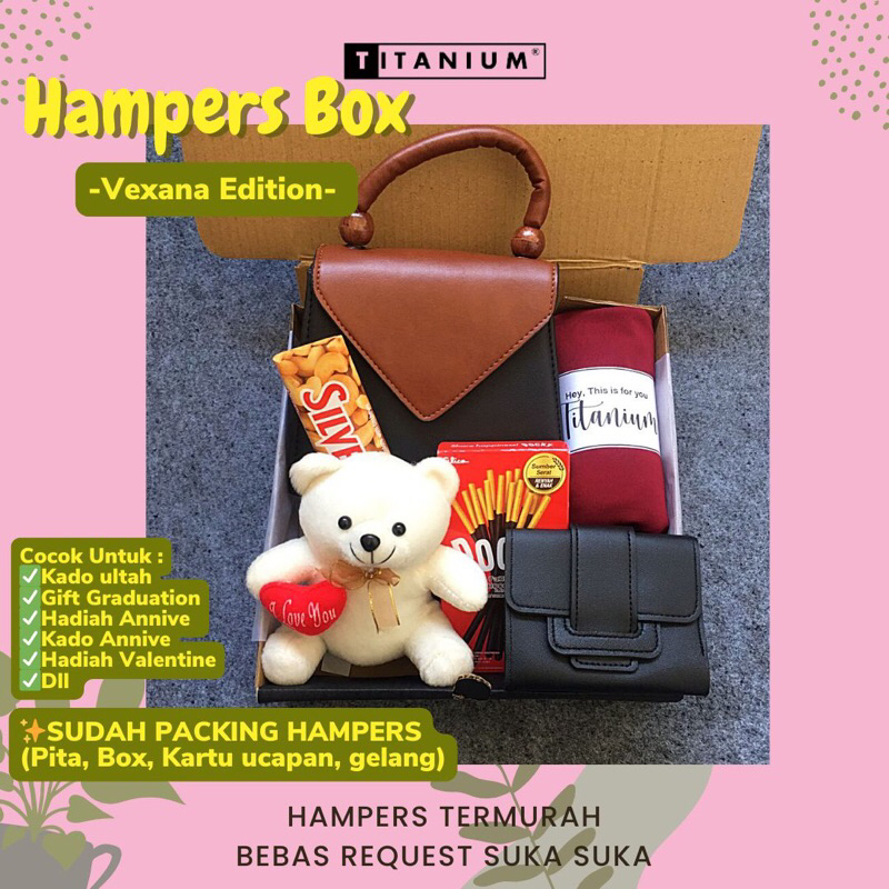 

HAMPERS VEXANA GIFTBOX HADIAH ULANG TAHUN ANNIVE GRADUATION BUAT PACAR CEWEK ISI CUSTOM TAS BONEKA HIJAB COKLAT BINGKISAN KADO LUCU