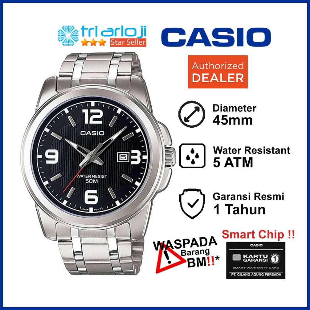 CASIO MTP-1314D-1AVDF Jam Tangan Pria Analog Silver Hitam MTP1314D MTP-1314D-1A