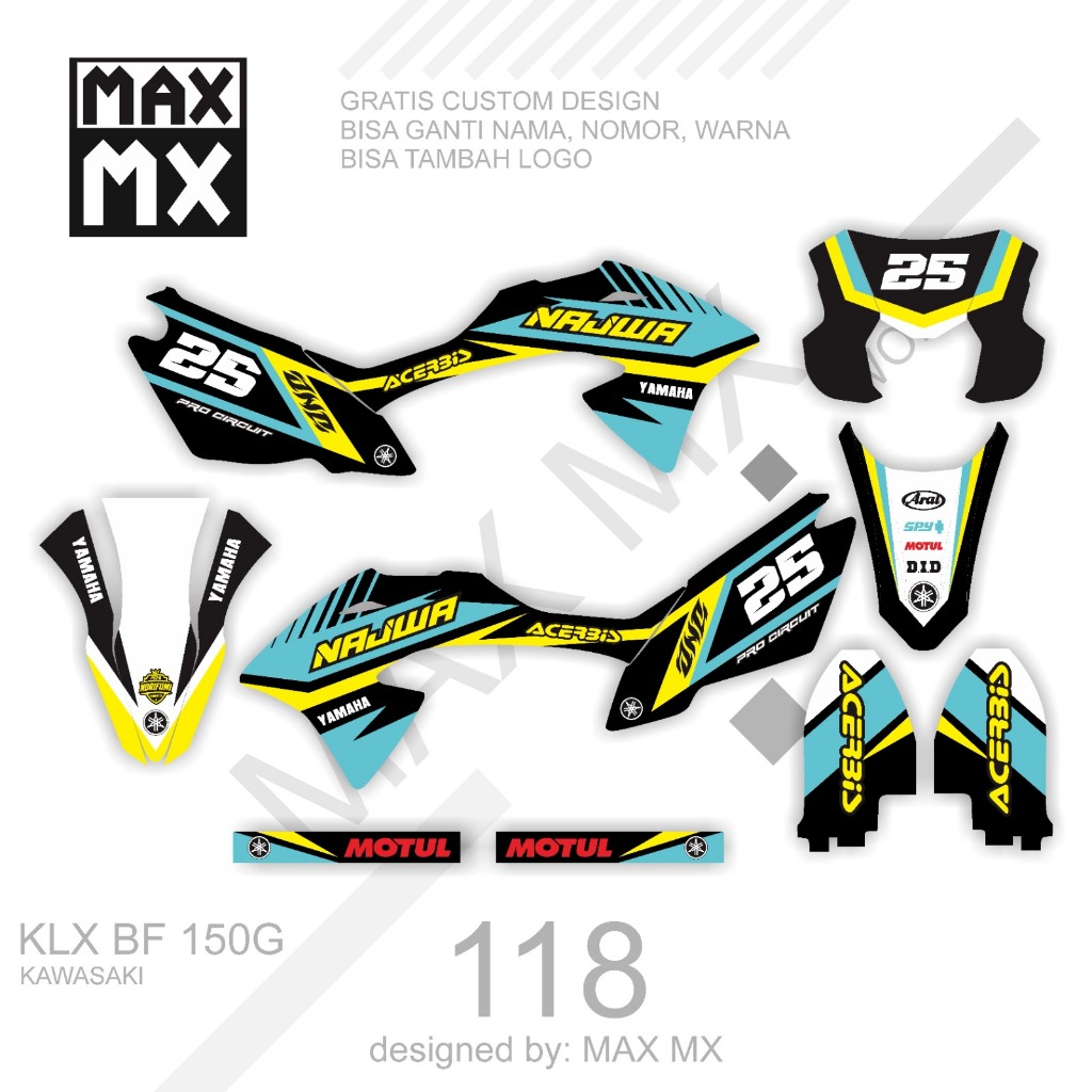 decal keren stiker full body klx 150 bf variasi striping motif grafis hitam kuning biru tosca simple