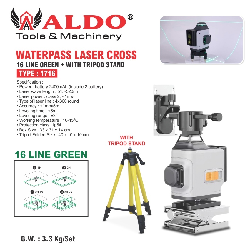 WATERPASS LASER CROSS 16 LINE GREEN 1716 / ALAT UKUR LASER / PENGGARIS LASER / LASER GARIS MERK ALDO