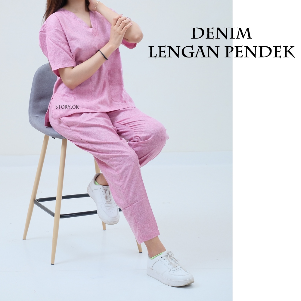 BAJU JAGA OK DENIM TWO TONE SCRUB MEDIS LENGAN PENDEK