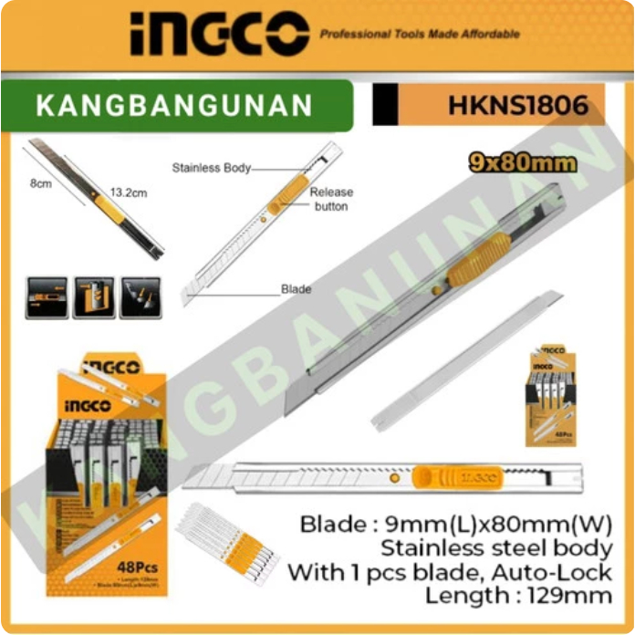 

Box Cutter Small (9 mm) INGCO HKNS1806 - Knife Blade Kecil 9mm Retract