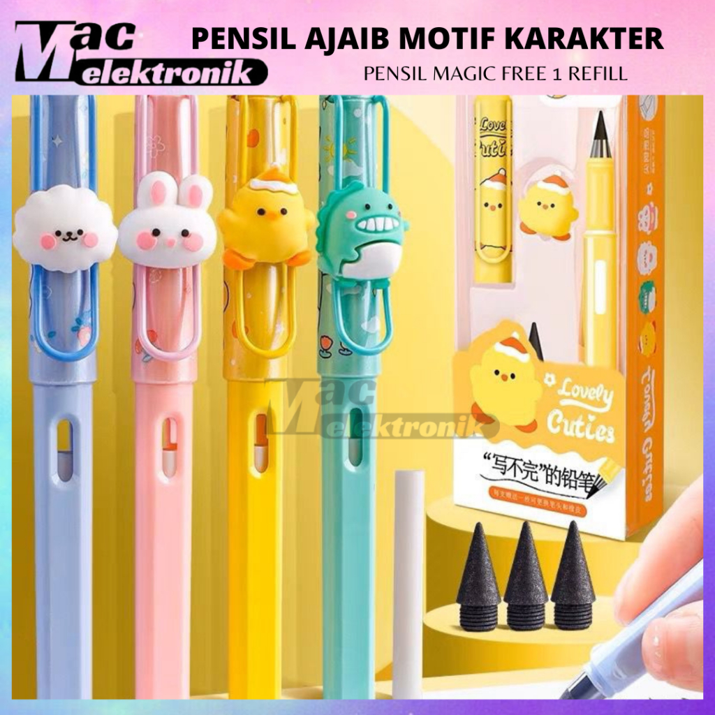 

Pensil Ajaib Abadi Motif Boneka Karakter Lucu Kartun Free 1 Refill / Magic Eternal Pen