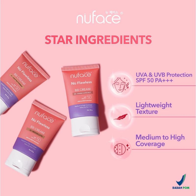 Nuface Nu Flawless BB Cream SPF 50 PA+++ UVA &amp; UVB Protection 30g Package