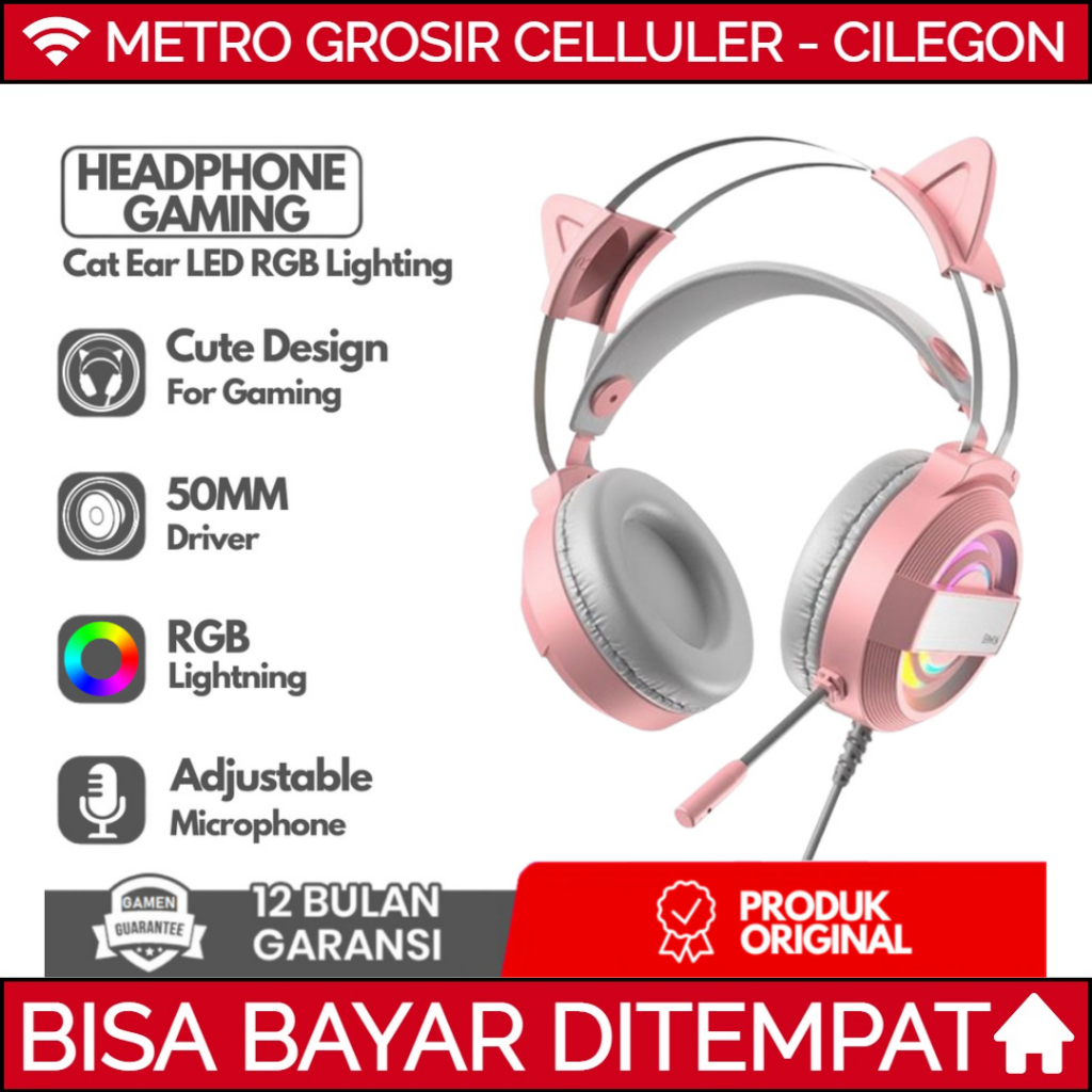 GAMEN GH1100 Pink Headphone Gaming HP Wired Headset Cat Ear Cute RGB