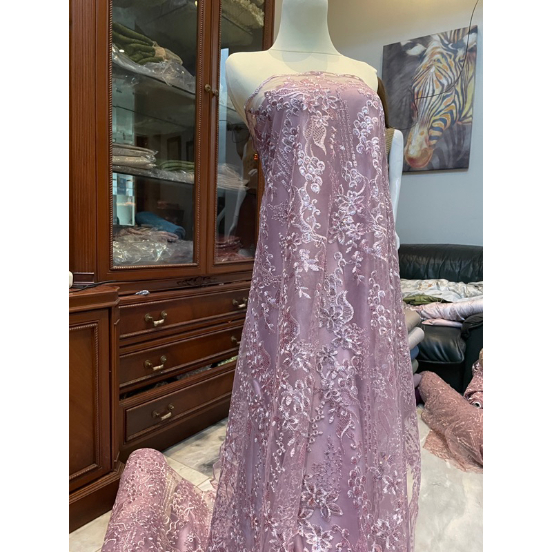 Bahan Kain Brukat Tile Sequin Payet Gracia Warna Ungu Lilac