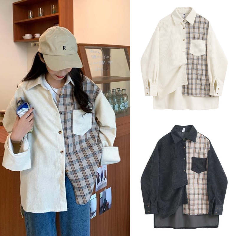 Kemeja Korduroi-Jaket Kemeja Wanita Kasual Retro Lengan Panjang Kotak-kotak Gaya Korea