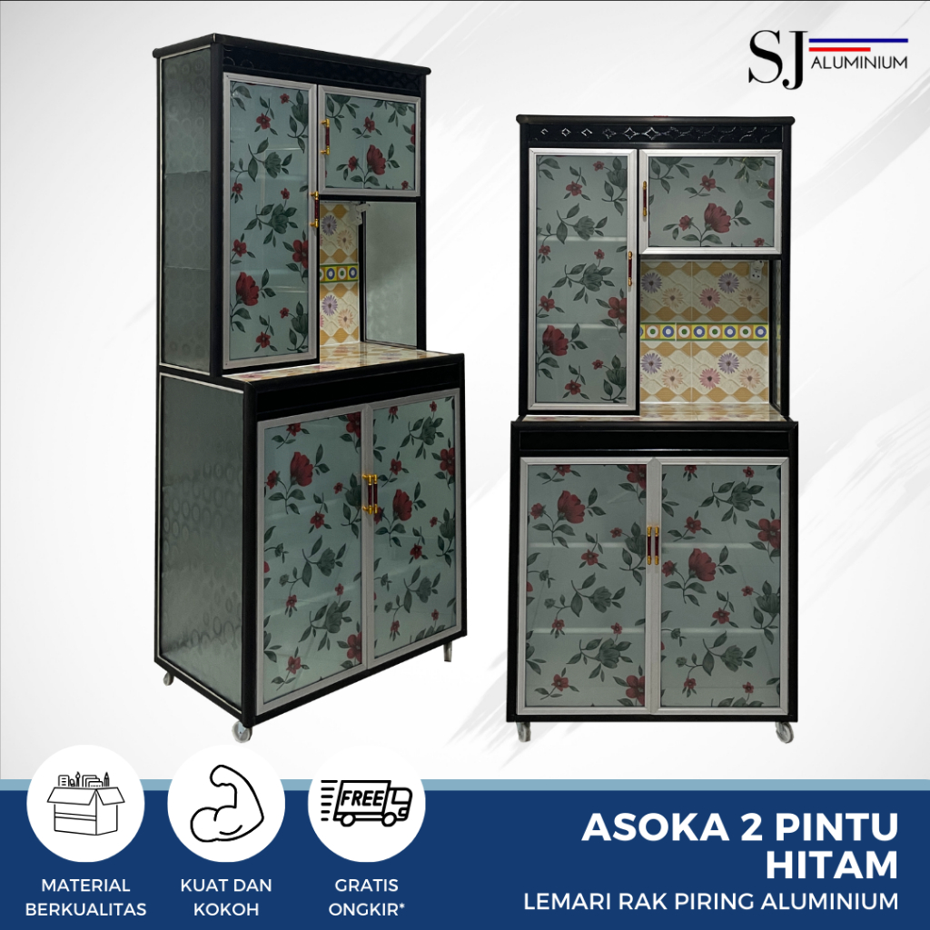 SJA - Rak Piring / Lemari Piring / Rak Dapur Kaca Aluminium - Asoka 2 Pintu Hitam