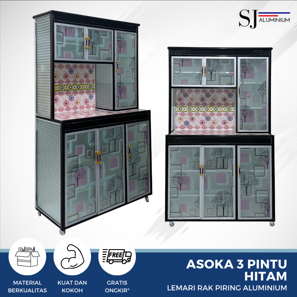 SJA - Rak Piring / Lemari Piring / Rak Dapur Kaca Aluminium - Asoka 3 Pintu Hitam